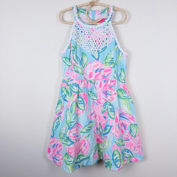 Lilly Pulitzer Halter Tropical Floral Print Crochet Lace Dress Colorful Girls 12 - Picture 1 of 12